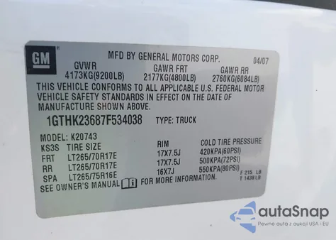 2007 GMC Sierra 2500Hd Slt from USA, damaged, VIN 1GTHK23687F534038